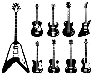 Guitar silhouettes. Musical instruments black symbols acoustic and rock guitars vector set. Silhouette instrument electric for rock and acoustic guitar illustration