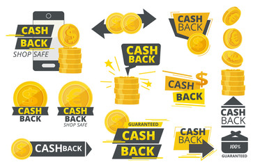Obraz premium Money cash back. Promotional special offer service for markets vector stickers or badges collection. Cash money, finance business cashback emblem illustration