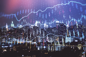 Double exposure of forex chart drawings over cityscape background. Concept of success.