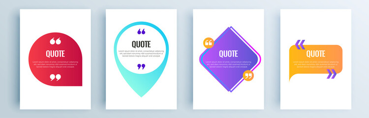 Quote frames blank templates set. Text in brackets, citation empty speech bubbles, quote bubbles. Textbox isolated on color background. Vector illustration.