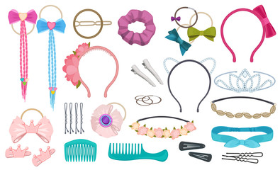 Hair accessories. Woman fashion clips bows hairband elastic ribbons for girls vector cartoon. Illustration scrunchy and headband, comb and hoop decoration