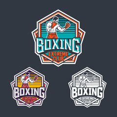 Boxing extreme club retro badge logo emblem design with boxer illustration pack