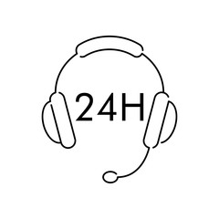 Servicio 24 horas. Icono plano lineal auriculares con micrófono y palabra 24 H en color negro