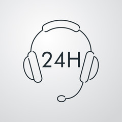 Servicio 24 horas. Icono plano lineal auriculares con micrófono y palabra 24 H en fondo gris