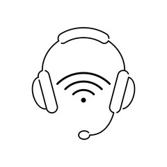 Icono plano lineal auriculares con micrófono y símbolo WiFi en color negro
