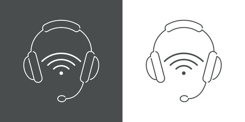 Icono plano lineal auriculares con micrófono y símbolo WiFi en fondo gris y fondo blanco