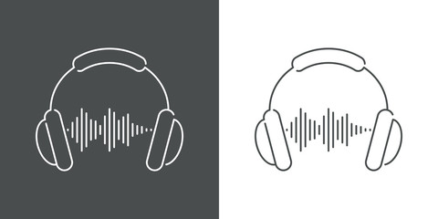 Icono plano lineal audífonos con olas de sonido en fondo gris y fondo blanco © teracreonte