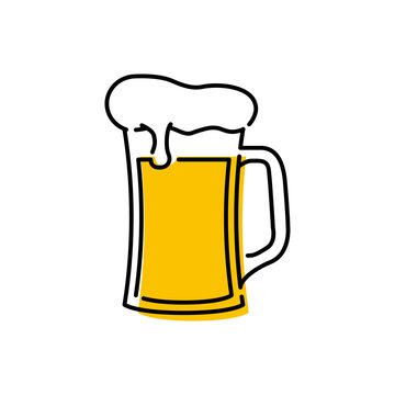 Icono plano lineal jarra de cerveza de cristal con espuma con color amarillo