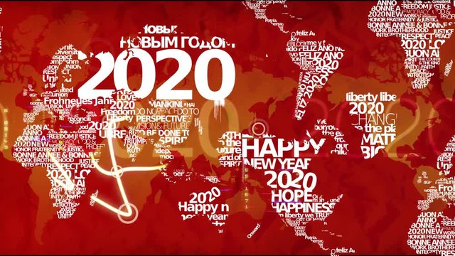 2020 World map international Happy New Year greetings words red tag cloud party animation