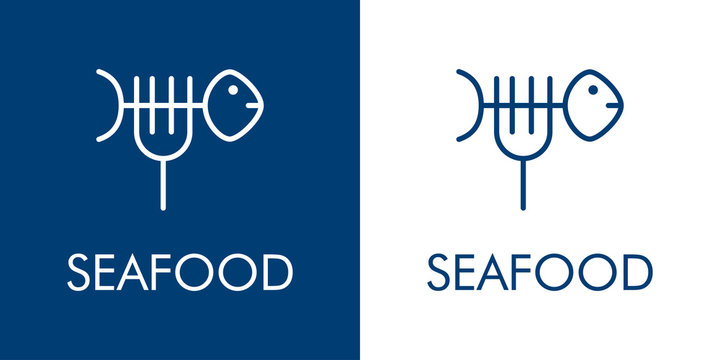 Logotipo con texto SEAFOOD con icono lineal de tenedor como espina de pescado en fondo azul y fondo blanco