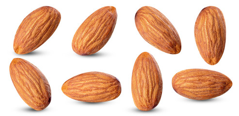 almond raw piece collection set.almond full macro shoot .nuts healthy food ingredient on white...