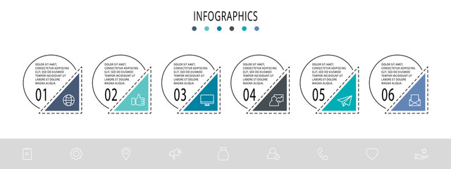 Naklejka premium Vector flat template circle infographics. Business concept with 6 options and arrows. Six steps for content, flowchart, timeline, levels, marketing, presentation, graph, diagrams, slideshow