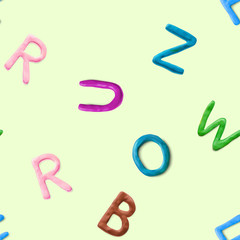 Seamless pattern with alphabet. Handmade modeling clay letters. Realistic 3d vector lettering background.