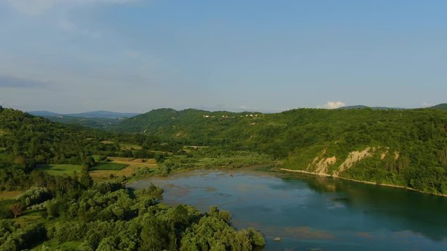 Approaching Lake Butoniga water dam in Croatia Istria peninsula, Aerial drone closing in shot