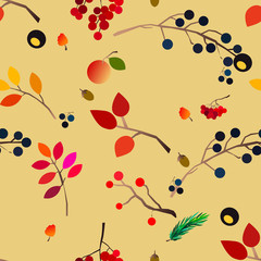 Autumn vector seamless pattern with berries, acorns, pine cone, mushrooms, branches and leaves.