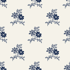 Woodblock printed indigo dye seamless floral pattern. Vector ethnic ornament, traditional Russian motif with meadow flowers, navy blue on ecru background. Textile print. - 311334104