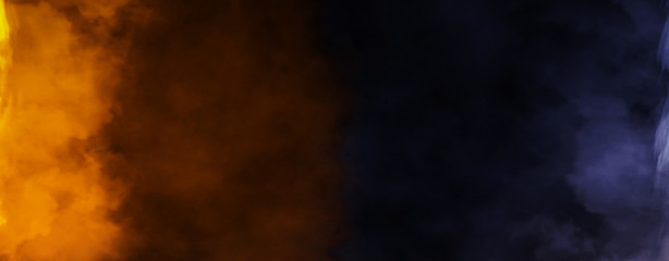 Panoramic view abstract blue and orange smoke steam moves on black background texture . The concept of aromatherapy. Stock illustration.