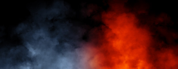 Panoramic view abstract blue and orange smoke steam moves on black background texture . The concept of aromatherapy. Stock illustration.