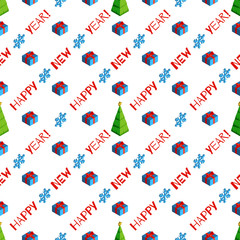 Christmas seamless pattern with isometric gift boxes and festive lettering for greeting cards, invitation, banners, wallpapers, fabric design.