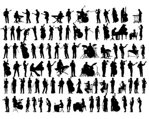 Jazz musicians with instruments on stage. Isolated silhouettes of people on a white background - 311336348