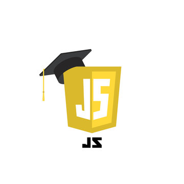 Javascript web technology shield with graduation hat. . Web site development icon on white background. Learn web programming concept.