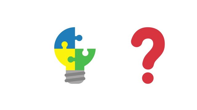 Animation of light bulb puzzle missing piece and question mark, white background.