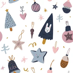 Foto auf Leinwand Christmas and Happy New Year cheerful seamless pattern. Lovely winter illustration with cute and character traditional elements in scandinavian style. Vector. Good fabric design and wrapping paper © Ruslana