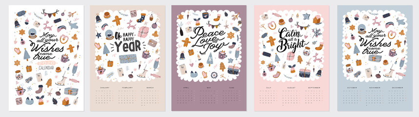 Wall calendar. 2020 Yearly Planner with all Months. Good school Organizer and Schedule. Christmas home interior background. Motivational quote lettering. Flat vector illustration in trendy style