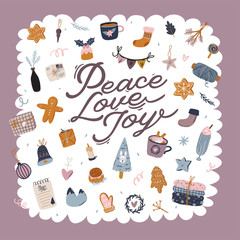 Merry Christmas or Happy New 2020 Year illustration with holiday lettering and traditional winter element. Cute prints in scandinavian style. Good for label, banner, tags or stickers . Vector isolated