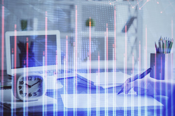 Financial graph displayed on woman's hand taking notes background. Concept of research. Multi...