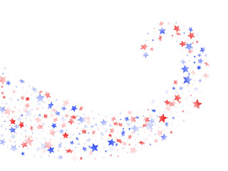 Flying red blue white star sparkles on white vector american patriotic background.