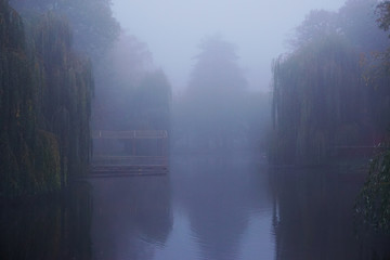 Mist on a lake at dawn with clouds reflected in the calm water. Foggy autumn