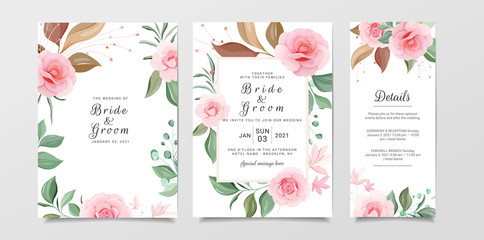 Set of cards with floral. Wedding invitation card template set with floral frame. Red and peach roses botanic illustration for save the date, invitation, greeting card, poster vector