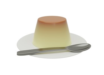  カラメルプリンとスプーンと皿3dcg