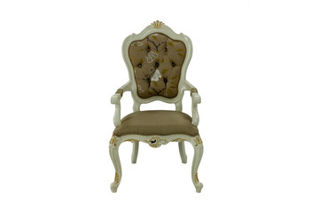 wooden chair with upholstery and armrests on a white background