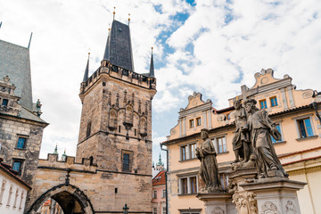 View of Charles Bridge and its sculptures.