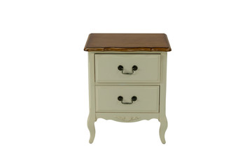 wooden nightstand with two drawers on a white background