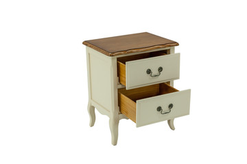 wooden nightstand with two drawers on a white background
