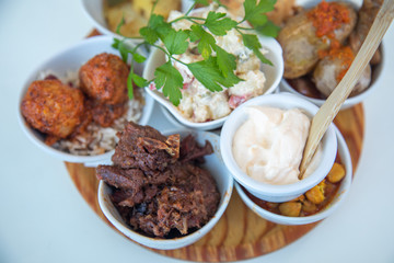 Selection of fine spanish tapas delicious fine food spain tapa bread meat garbanzos rice meat balls chicken potao