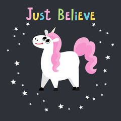 Fototapeta premium Cute magic unicorn character isolated on black.