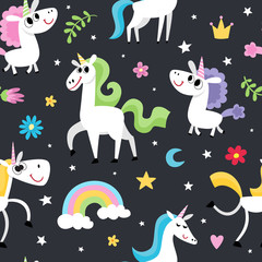Cute magic pattern with unicorn character isolated on black
