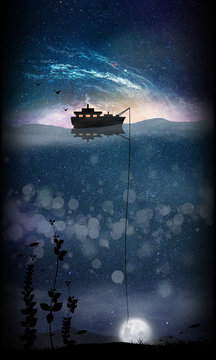 Fishing the moon silhouette art