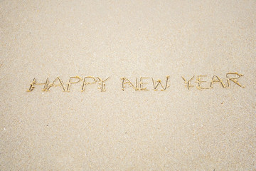 Happy New Year's writing in the sand  beach in the morning, appropriate the Backdrop idea copy space