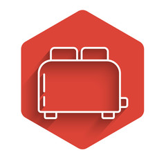 White line Toaster with toasts icon isolated with long shadow. Red hexagon button. Vector Illustration © Oksana