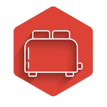 White line Toaster with toasts icon isolated with long shadow. Red hexagon button. Vector Illustration