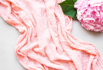 Beautiful pink hydrangea and scarf with polka dot