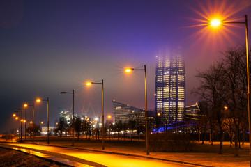 Night fog over embankment of the 300th anniversary park of St. Petersburg, Russia