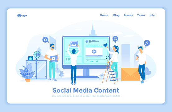 Social Media Content Strategy, marketing success, social sharing, web traffic. People post videos, photos, ads on the site. landing web page design template decorated with people characters.