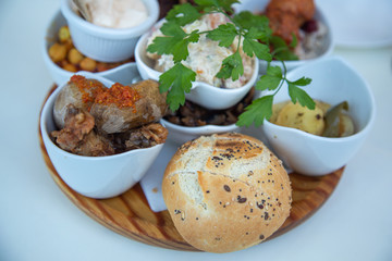 Selection of fine spanish tapas delicious fine food spain tapa bread meat garbanzos rice meat balls chicken potao