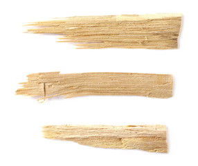 Broken wooden pieces set and collection, isolated on white background, top view